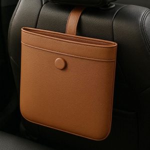 Premium PU Leather Car Trash Bags Hanging Magnetic Closure Waste Pocket Slim Seat Back Storage Box Container