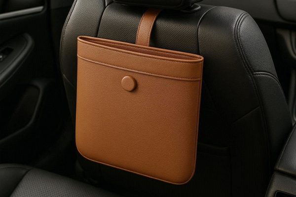 Premium PU Leather Car Trash Bags Hanging Magnetic Closure Waste Pocket Slim Seat Back Storage Box Container
